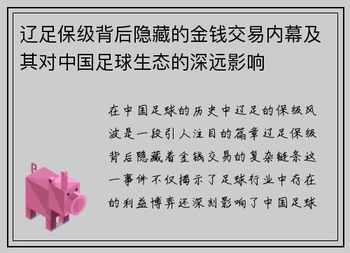 辽足保级背后隐藏的金钱交易内幕及其对中国足球生态的深远影响