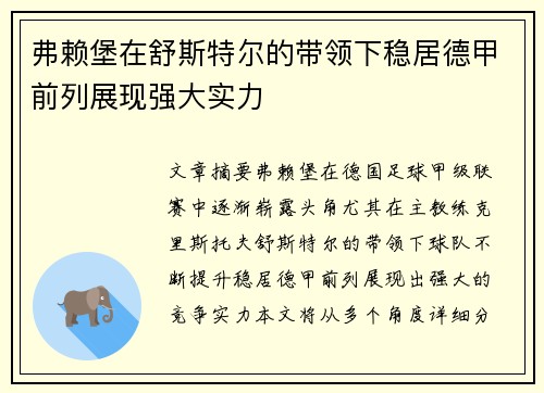 弗赖堡在舒斯特尔的带领下稳居德甲前列展现强大实力